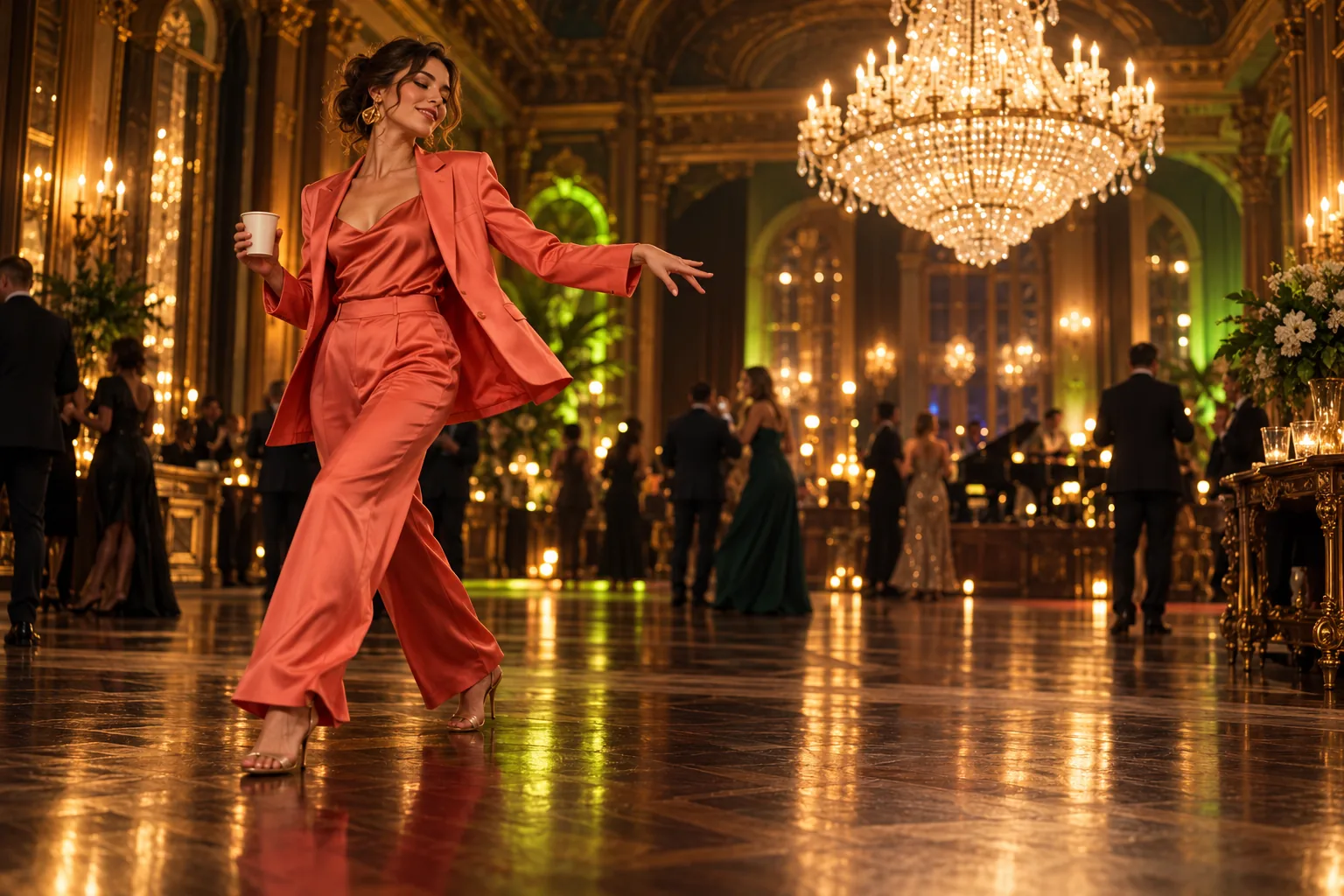 Original editorial illustration of an adult in a warm party scene