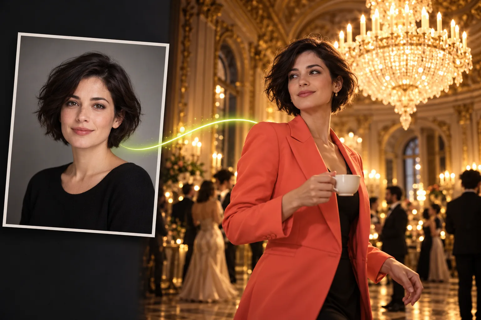 Editorial illustration of one portrait and a party scene, not a generated video result